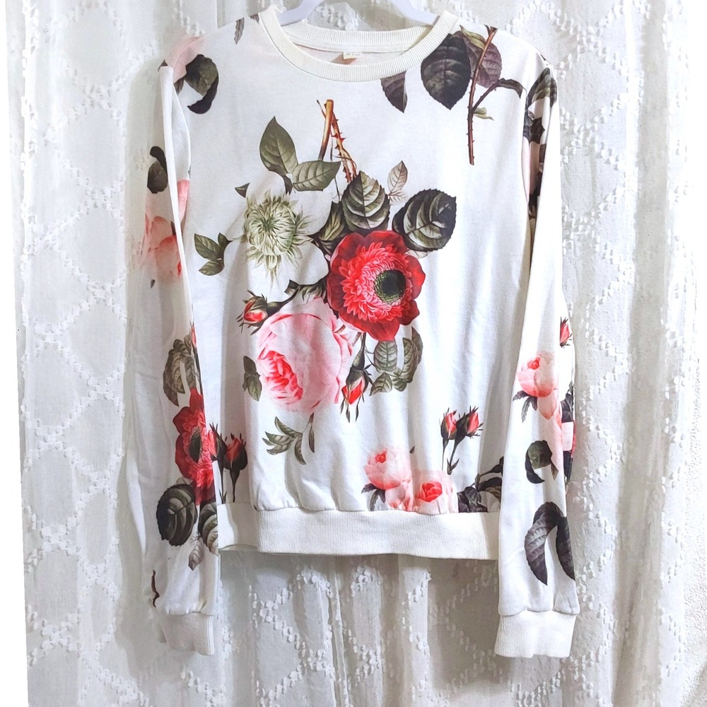 Womens White Floral Rose Print Crewneck Sweatshirt Size Large Botanical Top